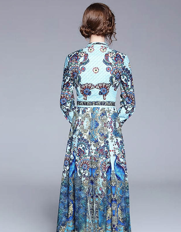 Bule 青 派手 プリント Gorgeous ゴージャス レディース 総柄 長袖 ワンピ ワンピース ドレス リボン ロング丈 きれいめ 二次会 結婚式 おでかけ Antoinette