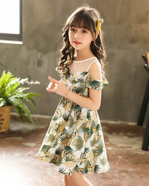 110 150cm ボタニカル柄 フレア ワンピース デコルテ ドット柄 シースルー 夏 リゾート ワンピ 19s S 韓国 子供服 女の子 ガールズ キッズ P2 A Dear Child