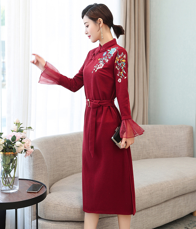 チャイナ風ワンピース 改良型チャイナドレス ロングワンピース S M L Ll パーティー 普段着 二次会 チャイナ風服 中華服 刺繍入り レッド 赤い 着痩せ ファション Elegant