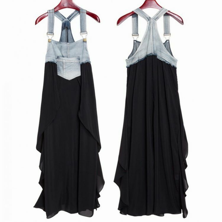 レディース ノースリーブ サロペット デニム切り替えワンピース マキシ丈ワンピース 春 夏 コーデ Chiffon Stitch Denim Strap Long Skirt Swing Maternity Dress Dct Value Rave Notice バリューレイヴノーティス 韓国ファッションやハワイアン