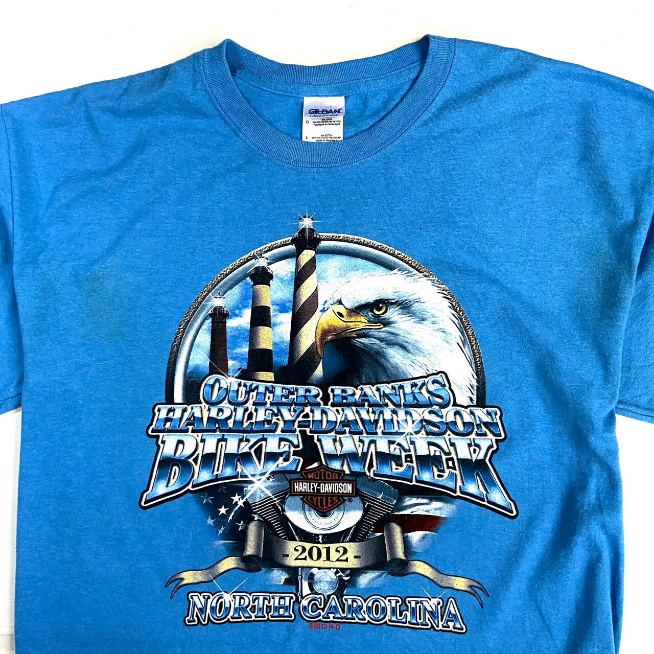 Harley Davidson ハーレーダビッドソン フロントプリント バックロゴ Tシャツ メンズl 古着 モーターサイクル バイクtシャツ 両面 ブルー 水色 Tシャツ Cave 古着屋 公式 古着通販サイト