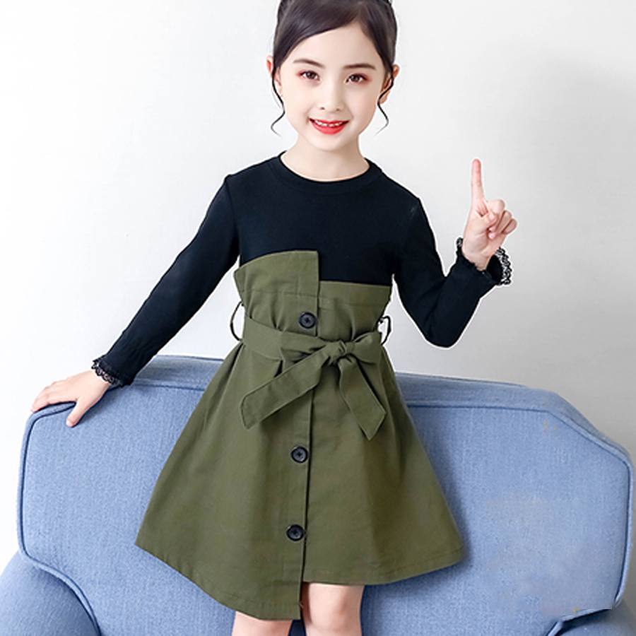 トレンチ風ワンピース キッズ 子供服 女の子 ジュニア ワンピース 膝丈 トレンチ風 ドッキング ウエストリボン ラウンドネック 大きいサイズ 長袖 可愛い おしゃれ カジュアル お出かけ アーミーグリーン ベージュ カーキ キャメル 110 1 130 140 150 160 春 秋 冬