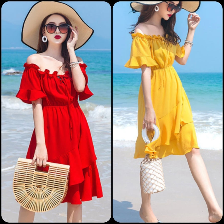 シンプルデザイン フリルが可愛いオフショルワンピースドレス 無地 Aライン ひざ丈 夏 お出かけ 街角のカフェテラス