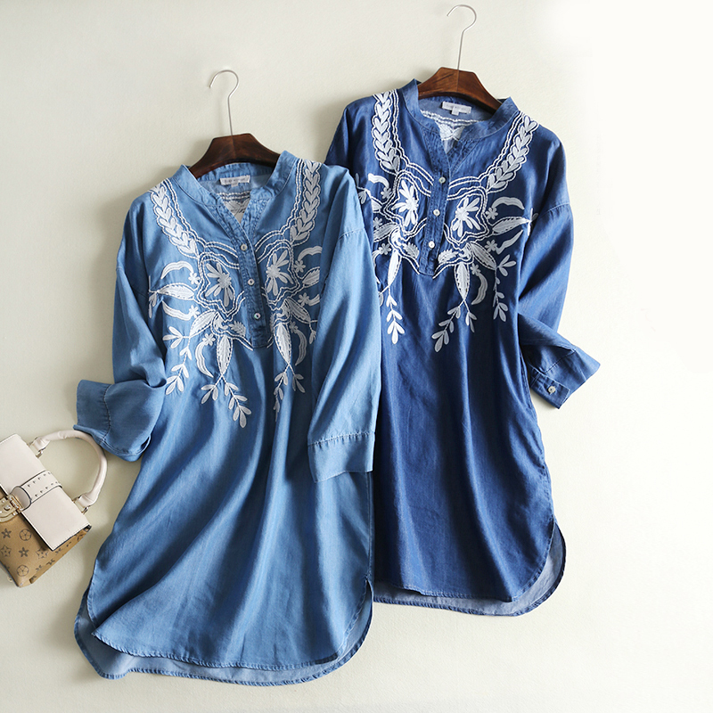 ワンピース ドレス シャツワンピース カジュアルワンピース レディースファション シンプル エレガント Vネック 七分袖 ショート丈 ゆったり エスニック風 M L テンセル生地 ライトブルー ダークブルー Elegant