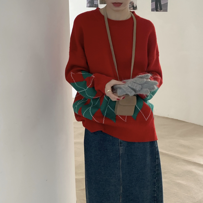 送料無料 双子コーデ アーガイルニット トップス クリスマスカラー 長袖 クルーネック オシャレ Lamitte Deco トレンド 韓国ファッション ショップ