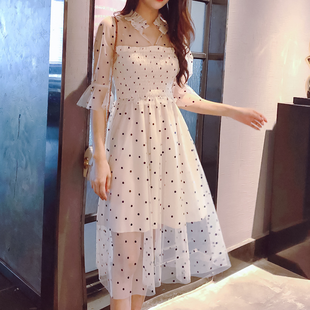 レース シースルー チュール オーガンジー 水玉 ドット ワンピース ドレス かわいい Ladty レディティ