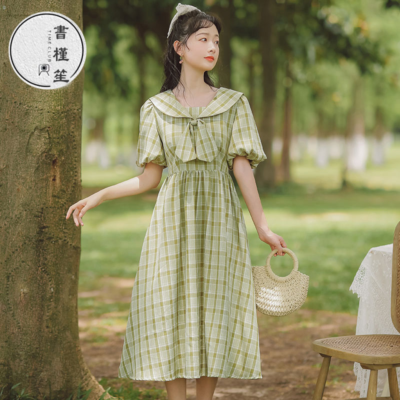 書槿笙シリーズ チェック柄ワンピース セーラー服 ロング丈 緑 グリーン 半袖 お祭り 結婚式 デート Elegant
