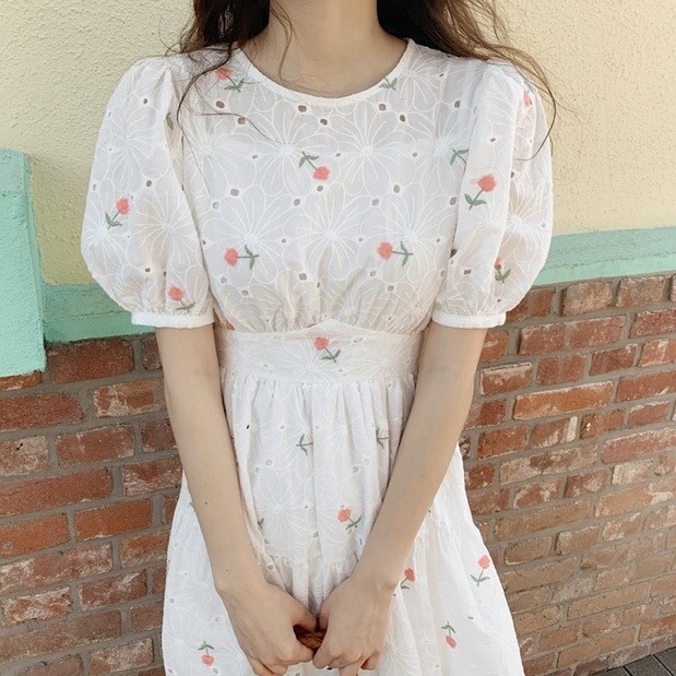 韓国レディースファッション 66 ワンピース 半袖 膝丈 花柄 デイジー柄 フラワー カジュアル ガーリー 大人 夏 レディース 流行オルチャンファッション 人気のプチプラ韓国レディースファッション新作通販 Aliceholly