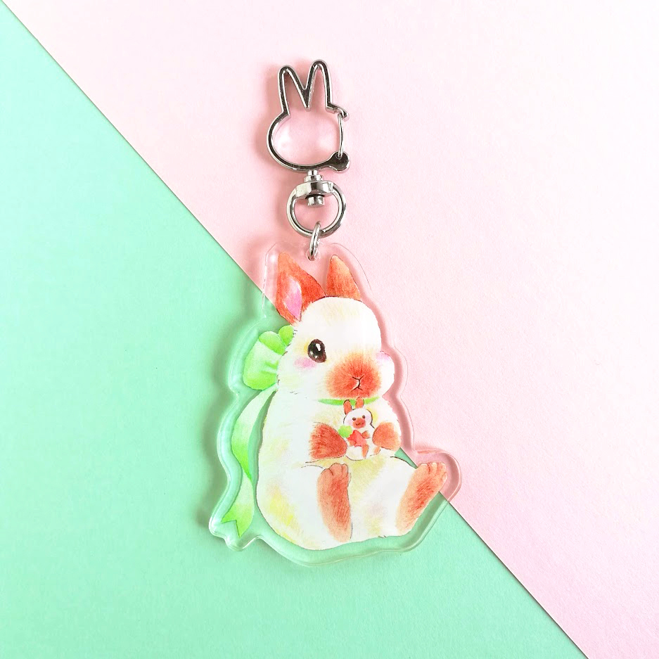 アクリルキーホルダー ぬいぐるみぎゅっ うさぎシリーズ カラー リボンボン うさぎチンチラの水彩イラスト雑貨