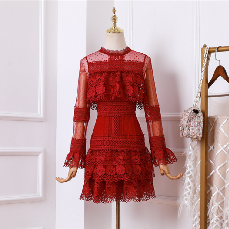 ワンピース レース パーティー 女性らしい Aライン 赤 透かし彫り 上品らしく 気質満点 膝上 レッド S M L Dresszone