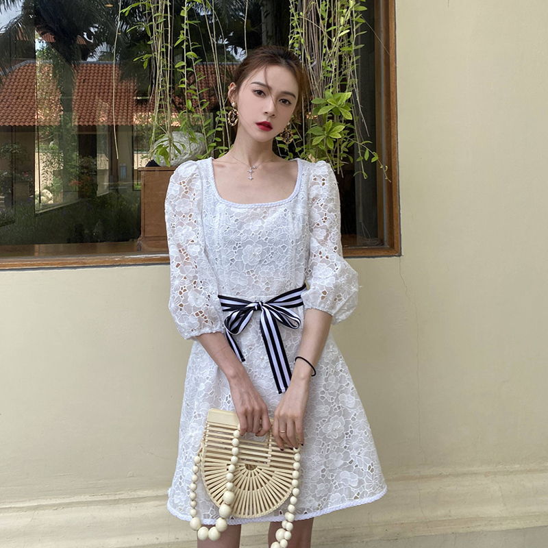 ショート丈ワンピース 普段着 デート 女子会 プレゼント 通勤 長袖 文芸的 気質良い 七分袖 レース S M L Elegant