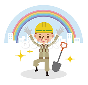 イラスト素材 バンザイをする土木作業員 昼間背景 ベクター Jpg 8sukeの人物イラスト屋 かわいいベクター素材のダウンロード販売