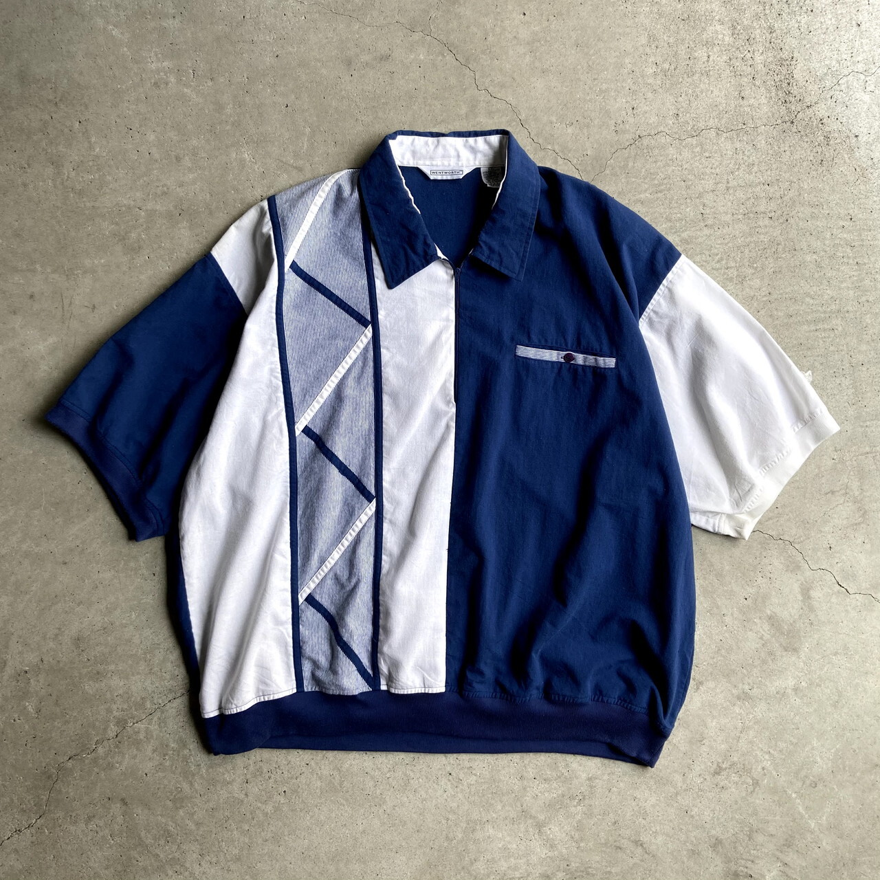 ビッグサイズ Wentworth アシンメトリー 切り替えデザイン 半袖 ハーフジップ プルオーバーシャツ メンズ2xl 古着 ネイビー 紺色 大きいサイズ 半袖シャツ Cave 古着屋 公式 古着通販サイト