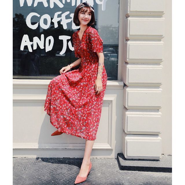 小花柄 半袖 ミモレ丈 赤 フレアワンピース 春夏 ひざ下 Vネック リゾート お呼ばれ Happy Toon