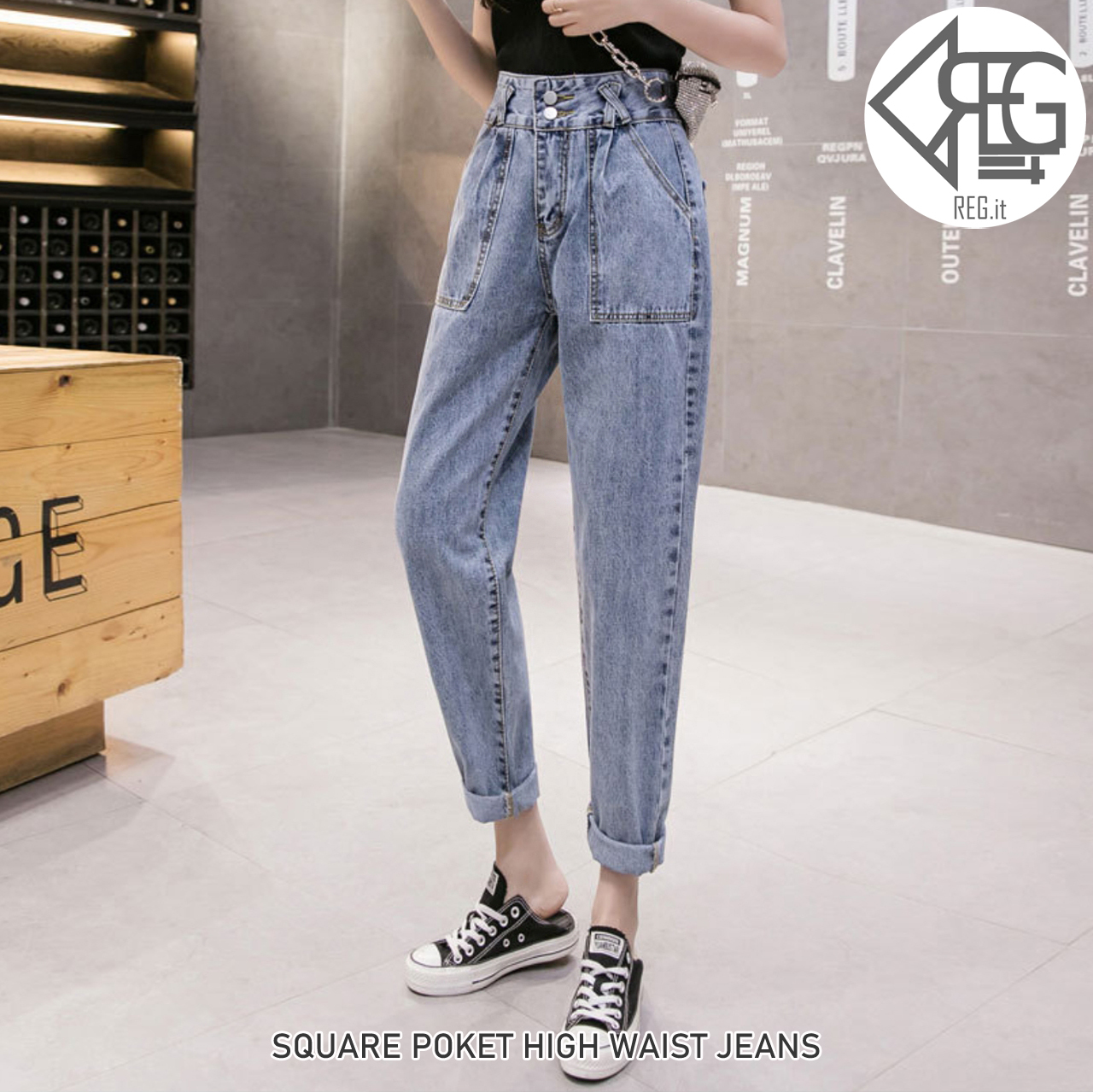 Regit 即納 Square Pocket High Waist Jeans 韓国ファッション 韓国服 ジーンズ デニム ハイウエストパンツ 古着風 かわいい おしゃれ Regit