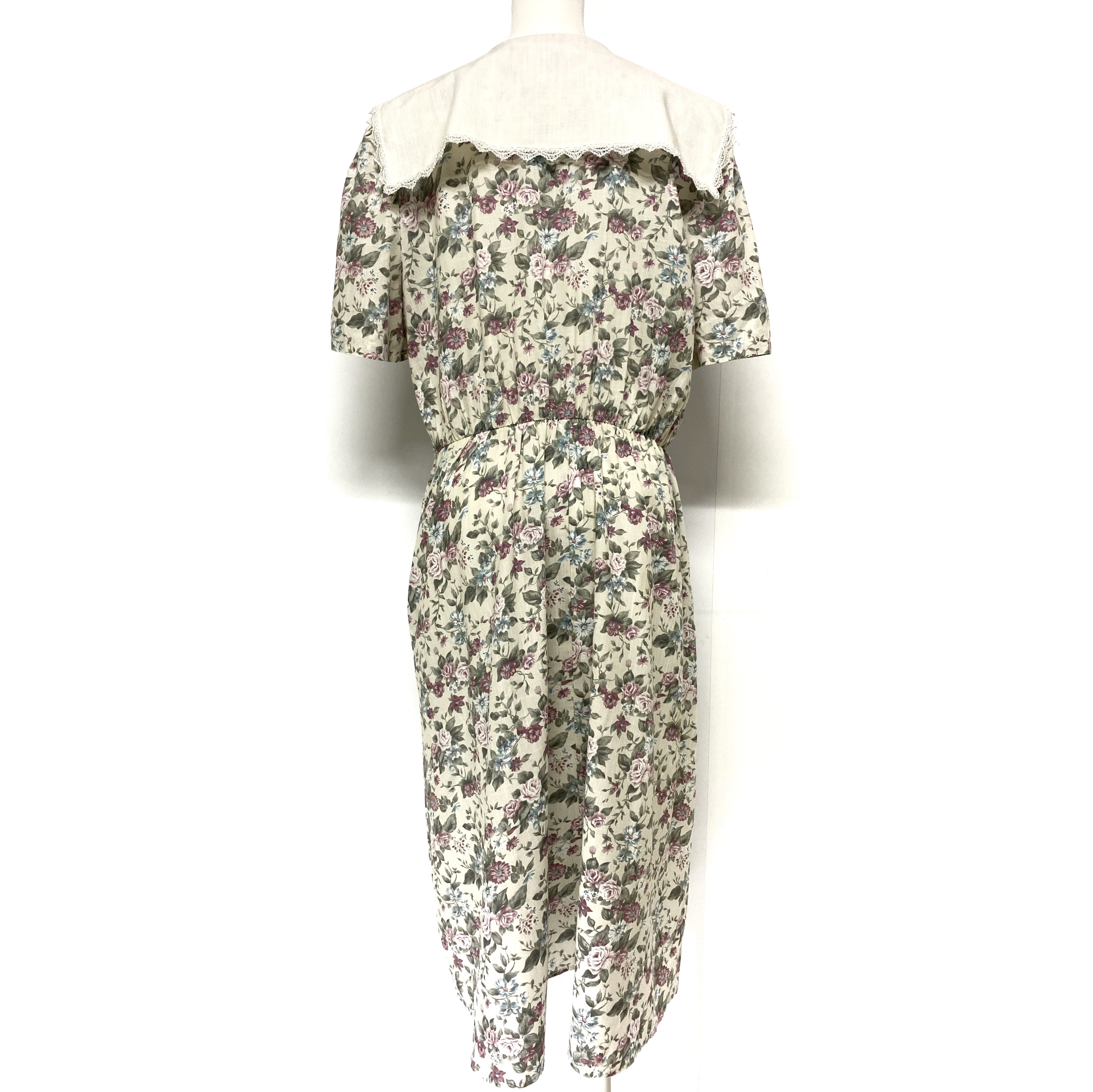 80年代 Stuart Alan Petites ビッグカラー ロング丈 ミモレ 膝下丈 レース 花柄 総柄 パフスリーブ 半袖 ワンピース ヴィンテージ レトロ ウエストゴム ペールトーン パステルカラー レディース L相当 古着 ワンピース Al Sa2107 Cave 古着屋 公式 古着