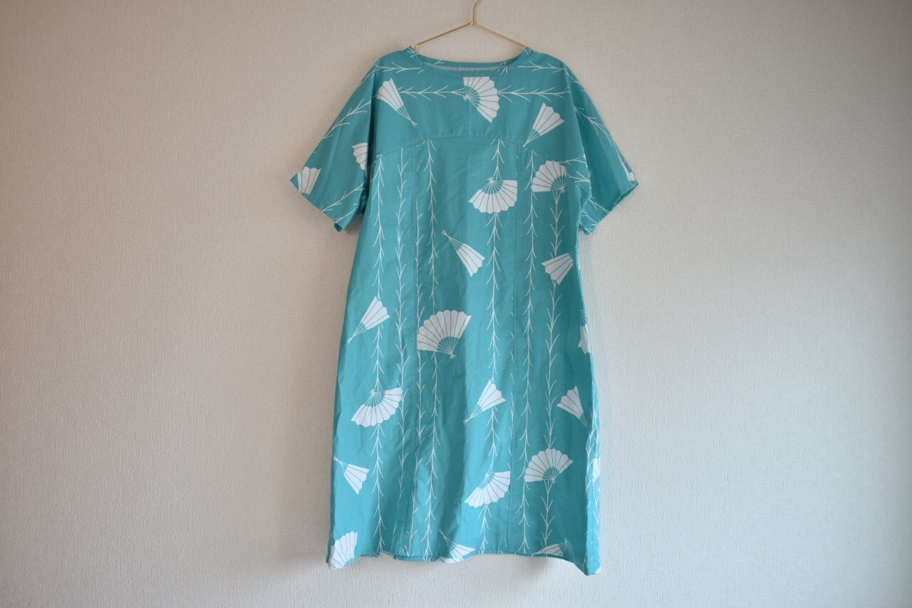 Kimono Shortsleeve One Piece 半袖ワンピース 着物リメイク 浴衣 水色 扇子 Acote