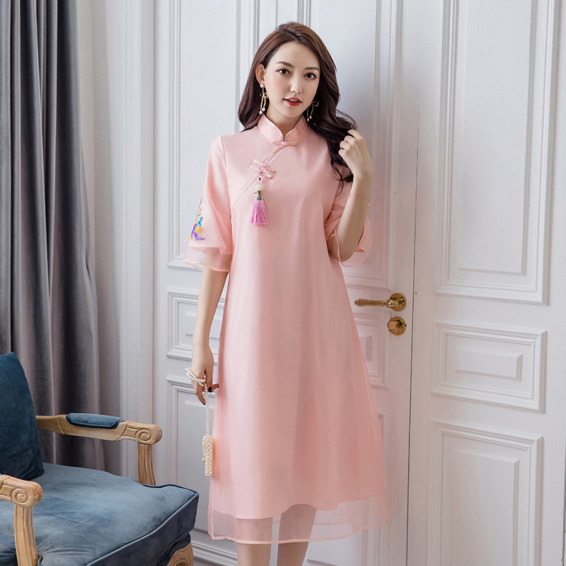 チャイナ風ワンピース オーガンザーワンピース ロング丈ワンピース 改良唐装 改良漢服 チャイナ風服 中華服 改良型チャイナドレス 普段着 S M L Ll 女子会 同窓会 ピンク 刺繍入り Elegant