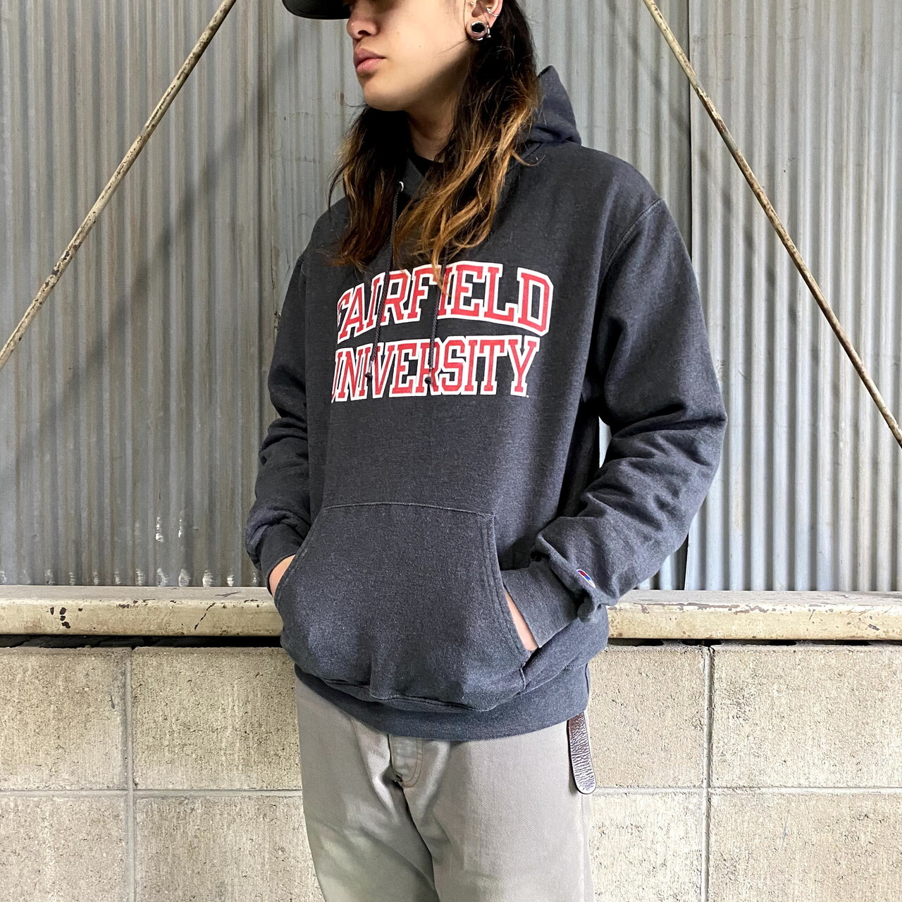 チャンピオン カレッジプリント プルオーバースウェットパーカー メンズl 古着 Champion グレー レッド パーカー Al Cave 古着屋 公式 古着通販サイト