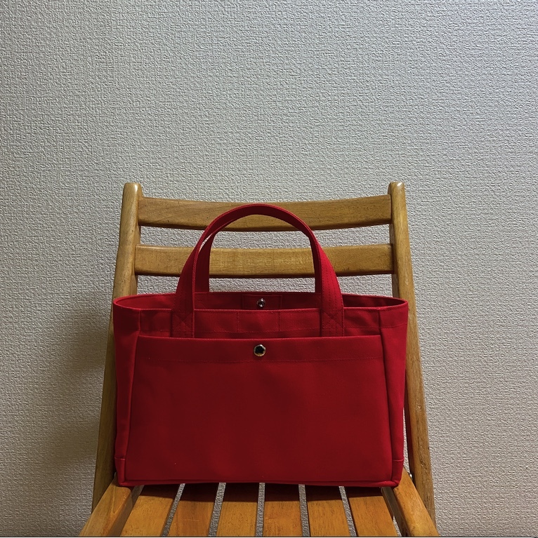 軽いボックストート 横長サイズ 赤 帆布トートバッグ 倉敷帆布8号 受注制作 デニム工房スマイル