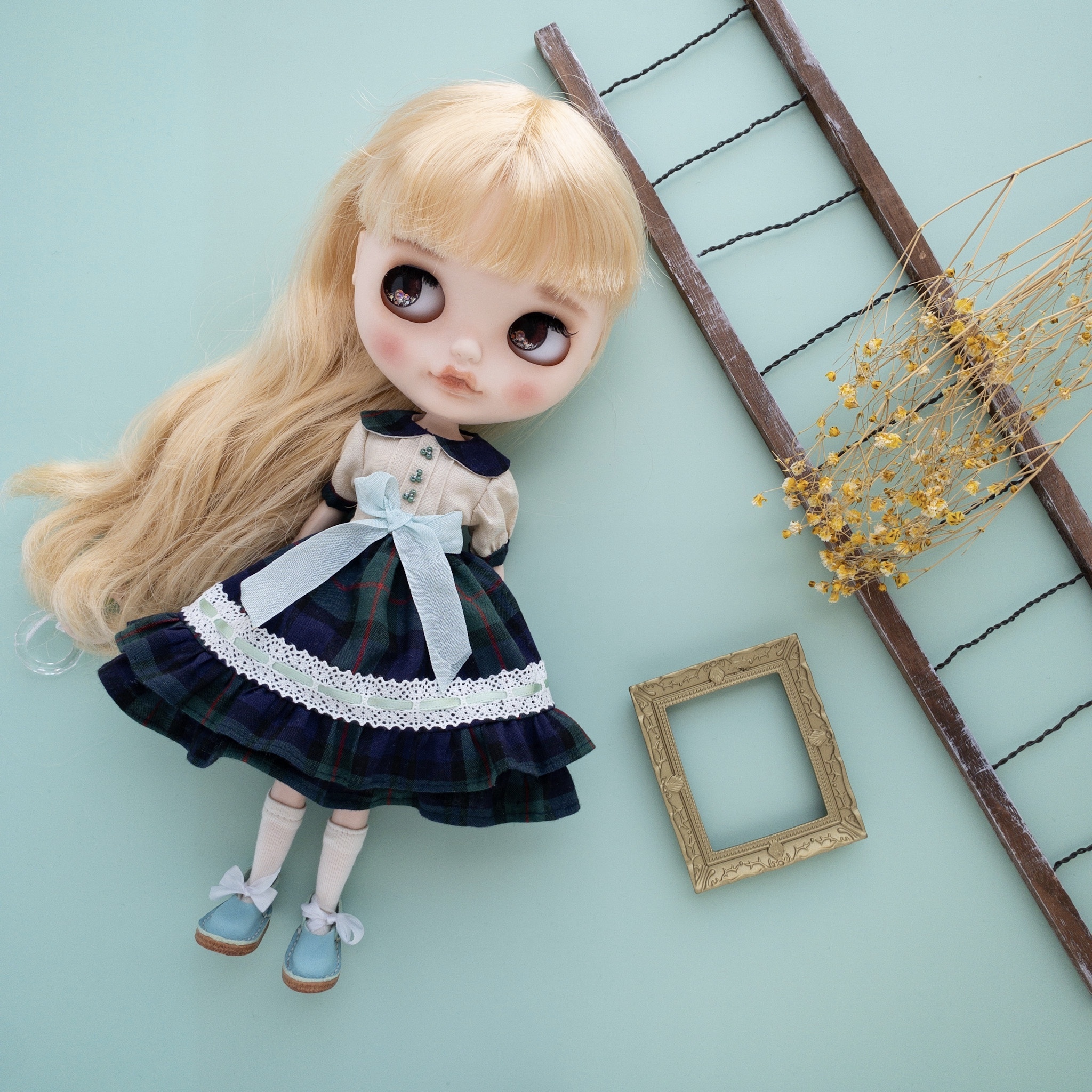 ２段フリルワンピース 水色リボン リカちゃんネオブライス服 Dollkamiyu