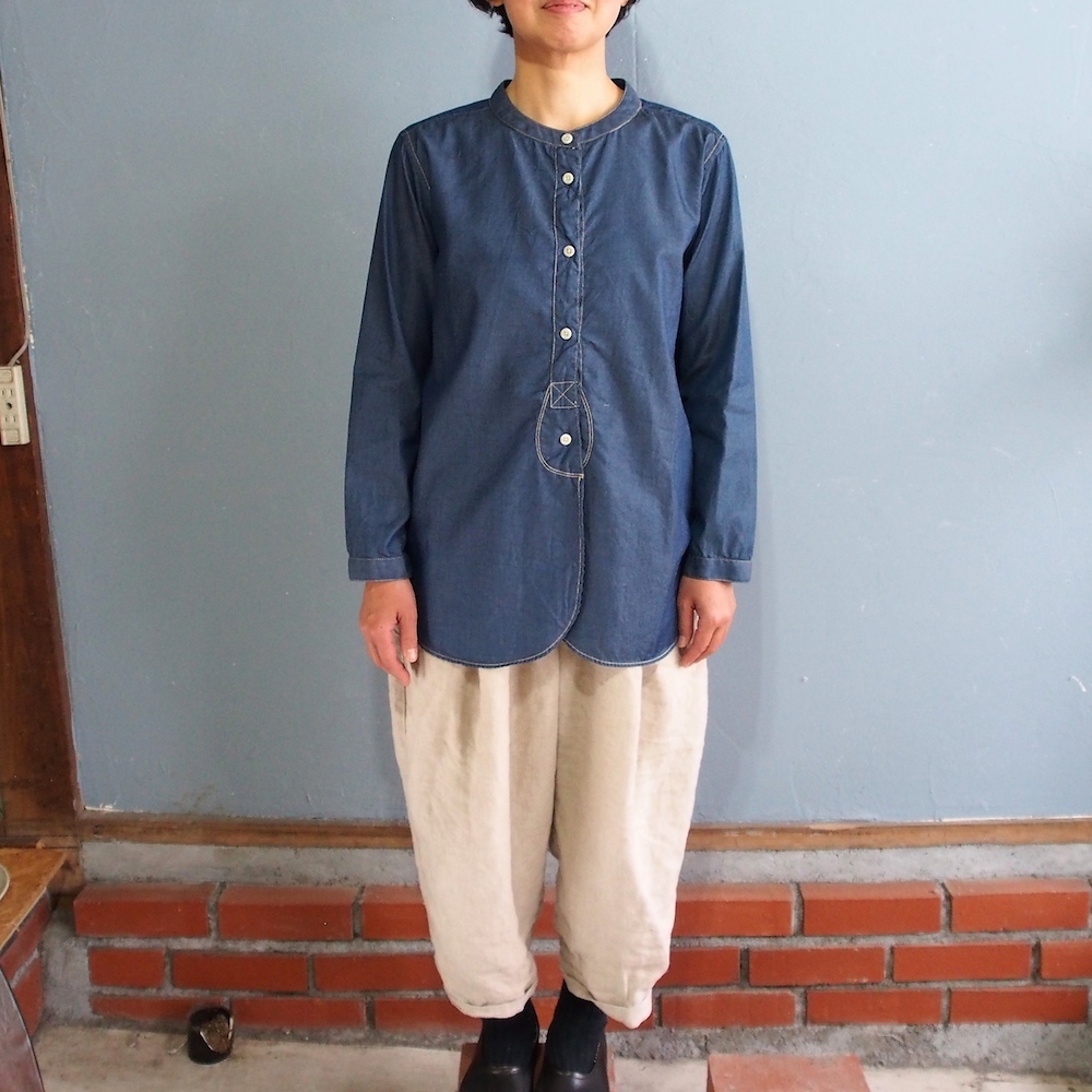 インディゴ先染め無地 バンドカラーインディゴシャツ 8612 34 Stand