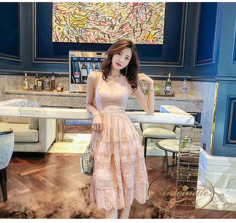 ベージュカラー シンプル レディース ワンピース 総レース 可愛い ノースリーブ オーガンジー 韓国 韓国風 ファッション 夏服 二次会 パーティー ドレスワンピース Anlo430 Antoinette