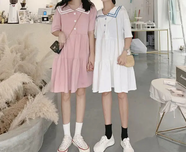 セーラー風 ワンピ 半袖 5color かわいい 韓国ファッション Sweetly