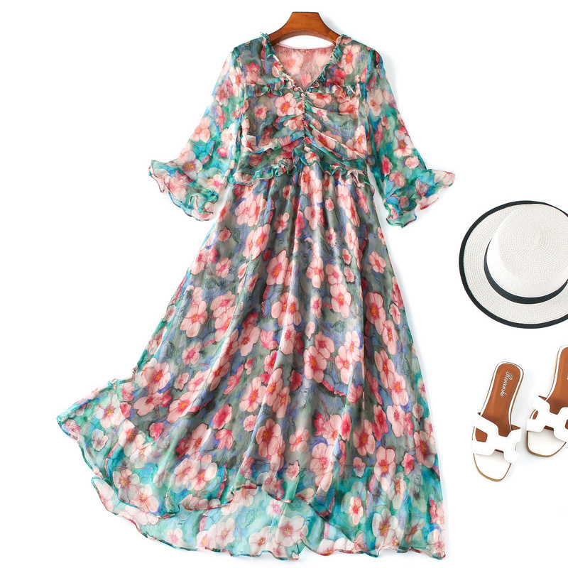 シルク100 高品質 シルクワンピース ドレス レディースファション Vネック 七分袖 ロング丈 花柄 ゆったり エレガント 高品質 高級感ある 女子会 結婚式 普段着 大きいサイズ M L Ll 3l 気質よい Elegant