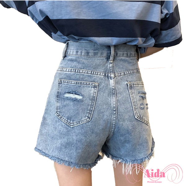 送料無料 デニム ショートパンツ 青 ブルー ダメージ ハイウエスト ホットパンツ Aida アイーダ ーストリートファッションのレディース通販サイト