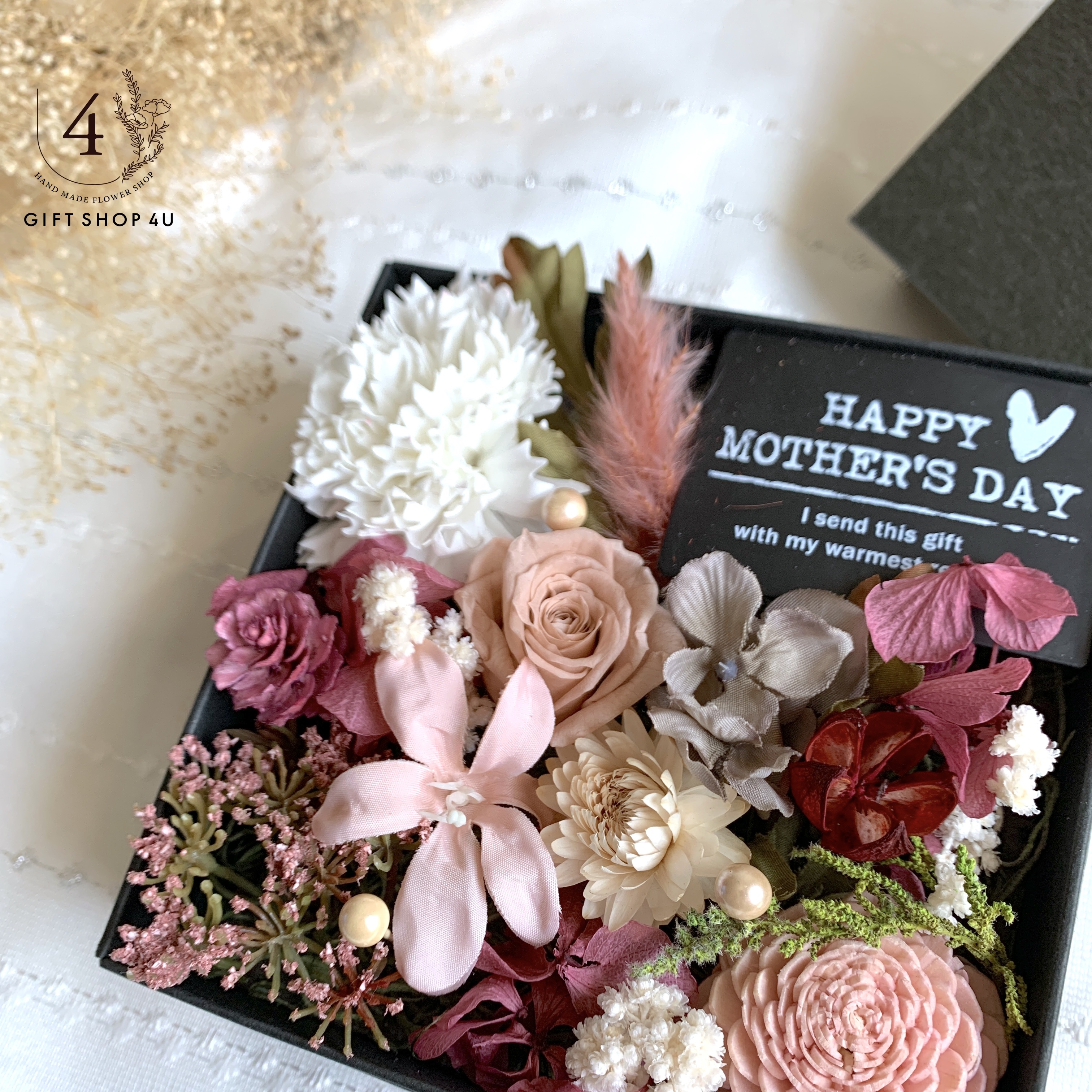 母の日 ローズ カーネーションフラワーボックス ピンク プリザーブドフラワー 母の日 ６ 4u