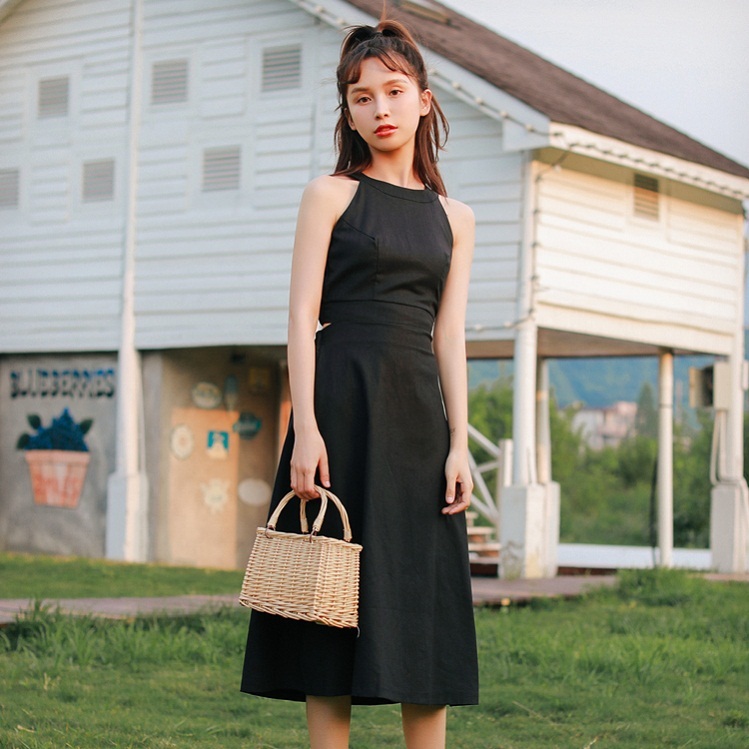 ワンピース アメリカンスリーブ 大人かわいい ウエストマーク 肌見せ 春夏 ミモレ丈 Eine Katze