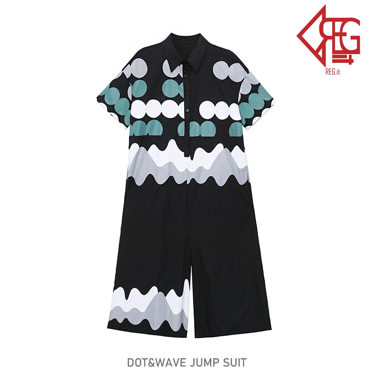 Regit Dot Wave Jump Suit Black S S 韓国ファッション オールインワン つなぎ ジャンプスーツ 半袖 個性的 ドット ユニセックス 10代 代 着映え 映える ネット通販 Tac010 Regit