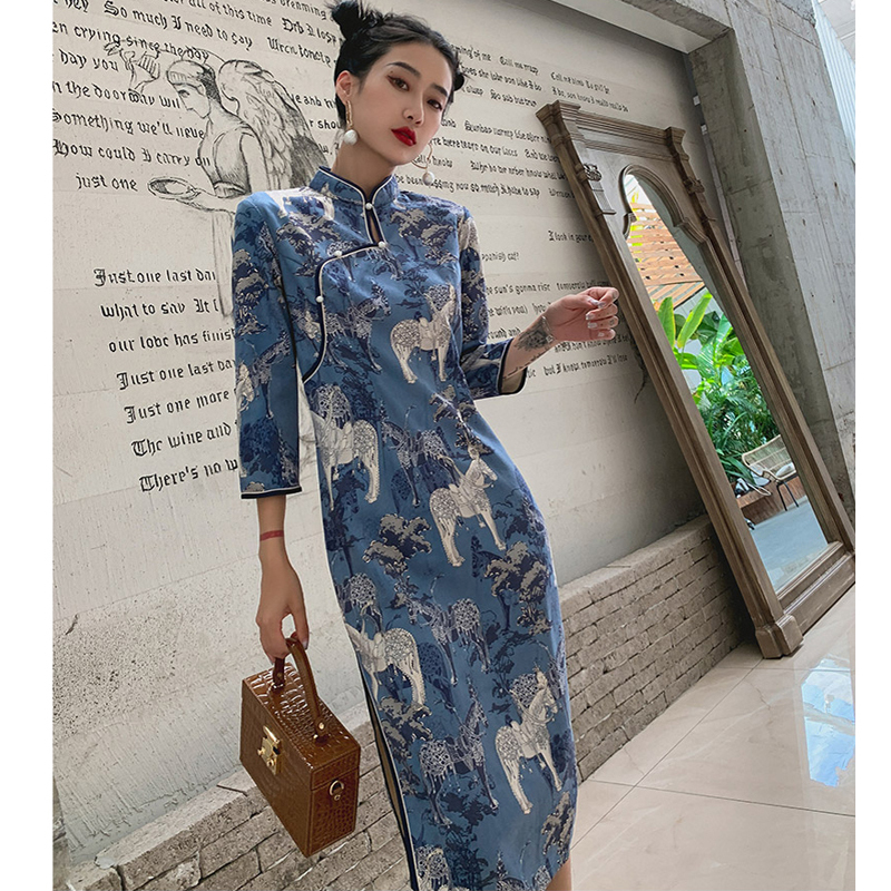 爱裳霓シリーズ ロング丈チャイナドレス S M L Ll 3l 4l 花柄ワンピース 可愛い ブルー 青い Elegant