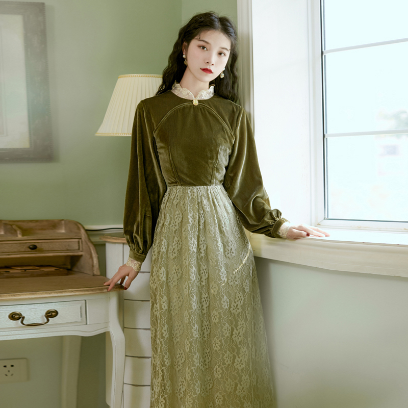 チャイナ風ワンピース ロング丈ワンピース 改良唐装 改良漢服 チャイナ風服 中華服 改良型チャイナドレス 普段着 S M L 女子会 同窓会 切り替え ベルベット レース グリーン 緑 可愛い スウィート Elegant