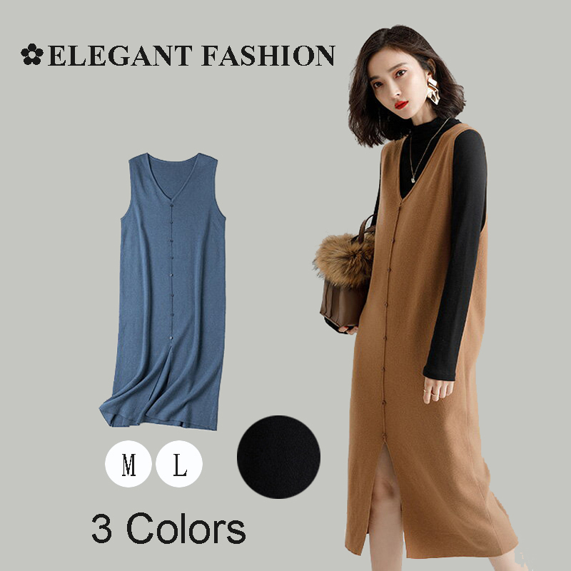 ノースリーブマキシワンピース ニット Vネックワンピース プルオーバー カットソー ニットソー Iライン カジュアル シンプル ゆったり レディース ブルー キャメル ブラック Elegant