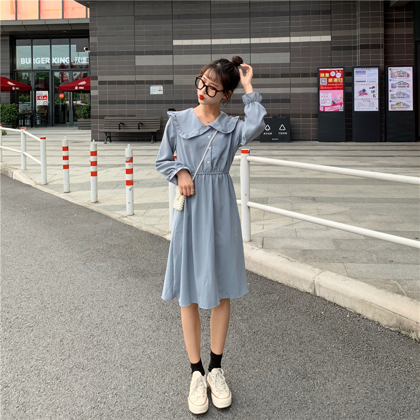 秋新作 ワンピース レディース 膝丈ワンピース ひざしたワンピース 膝下ワンピース ワンピースレディース 膝丈 ワンピースドレス 韓国ワンピース 秋 冬 ブラック 長袖 アプリコット ブルー ワンサイズ フリー シフォン スカート ガーリー Viento