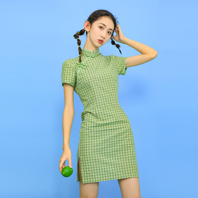 グリーンチェックミニチャイナドレス チャイナワンピース Juiced チャイナドレス ワンピースや個性的でセクシーな海外ファッションの通販