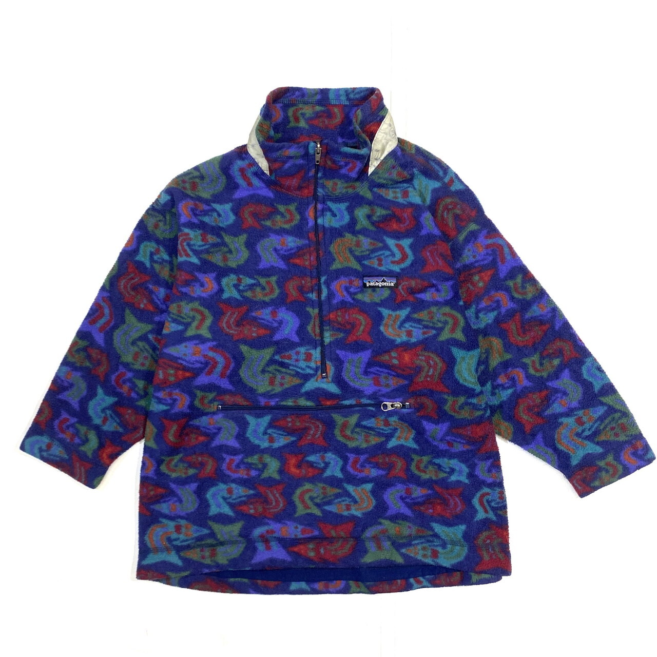 キッズ 90年代 90s Patagonia パタゴニア 総柄 魚柄 フリースプルオーバー フリースジャケット ヴィンテージ ビンテージ キッズ8 古着 アウトドアジャケット Al Cave 古着屋 公式 古着通販サイト