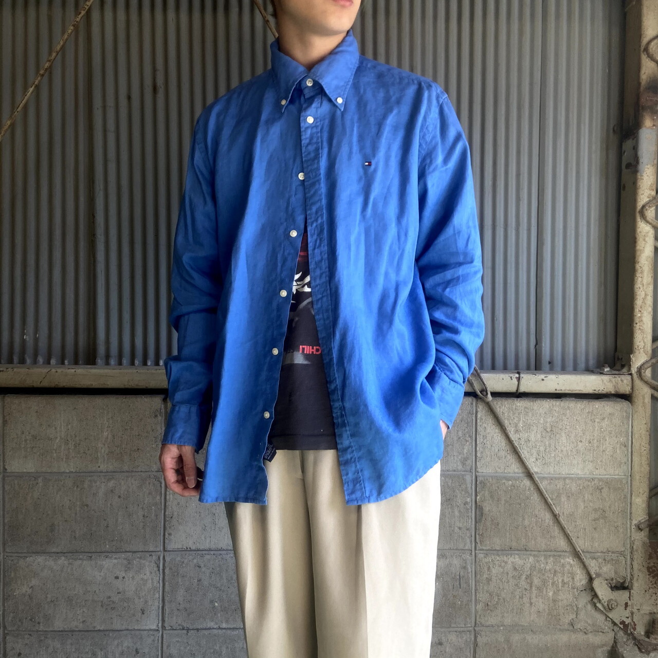 Tommy Hilfiger トミーヒルフィガー 長袖 リネンシャツ メンズl 古着 ライトブルー 水色 ボタンダウンシャツ 長袖シャツ Al2109 Cave 古着屋 公式 古着通販サイト