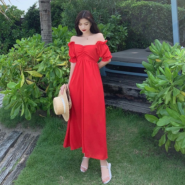 リゾートワンピース 赤 ハワイ 沖縄 グアム 50代 40代 30代 代 10代 ロング マキシ丈 背中あき 背中見せ ワンピース オフショルダー 肩だし 韓国の可愛いレディースアパレルのセレクトショップ Kilalion キラリオン
