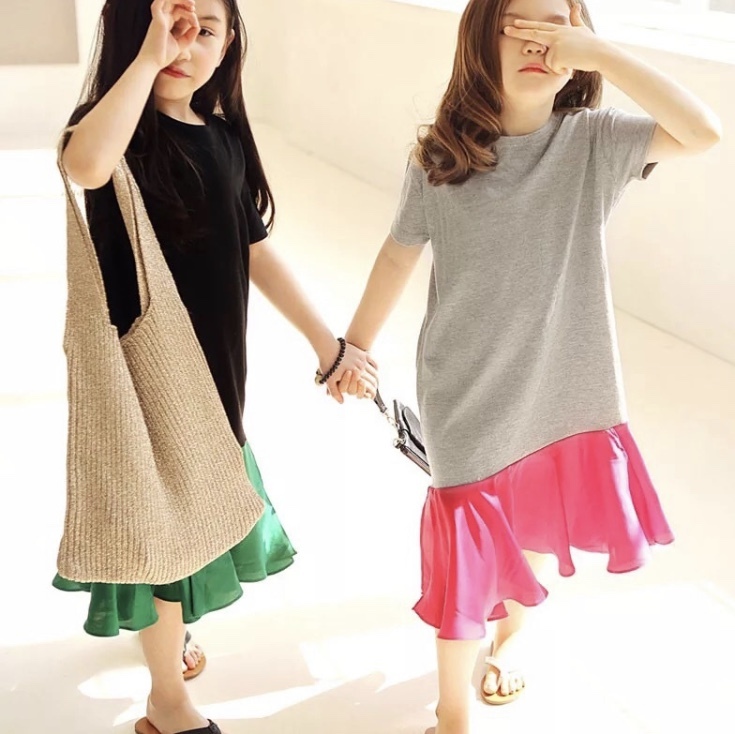 韓国子供服 ワンピース バイカラー ロングワンピース 1cm 130cm 140cm 150cm ahouse