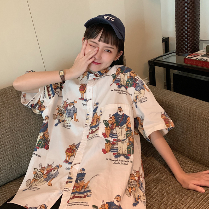 送料無料 シャツ トップス 半袖 総柄 ポップ オーバーサイズ ゆったり メンズライク ボーイッシュ レトロ お洒落 カジュアル 韓国ファッション 夏 原宿系 フェス イベント お出かけ 学生 通学 羽織 Eine Katze