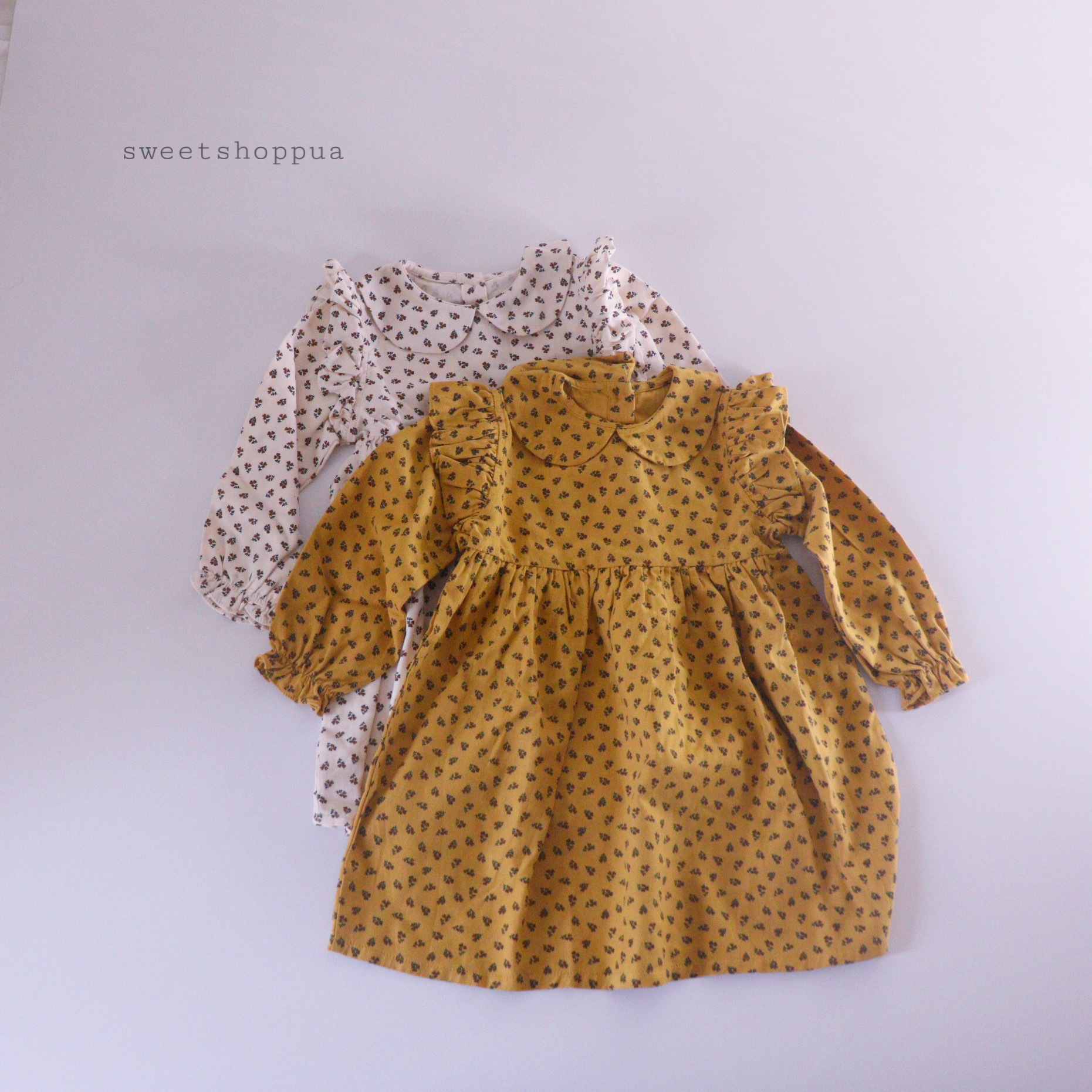 即納 2color 肩フリル 花柄 フレアワンピース 7444 357 海外子供服 Sweetshop Pua