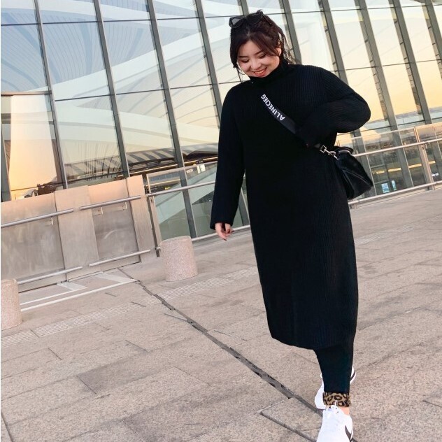 まとめ買い タートルネックリブニットワンピース ブラック ロングワンピース