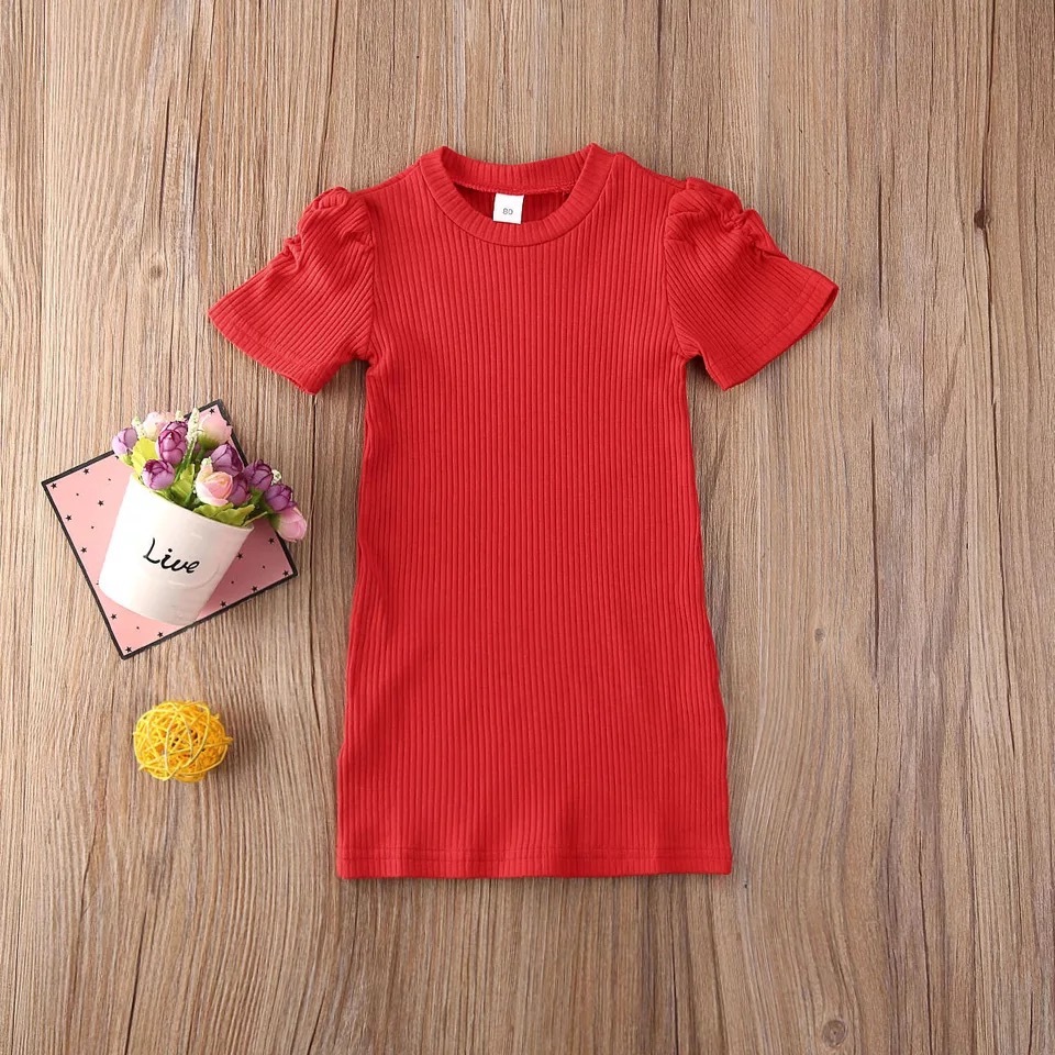 送料無料 4色 ワインレッド 赤 女の子 パフスリーブ シンプル ワンピース キッズ 子供 ベビー 赤ちゃん 春 夏 La Preference