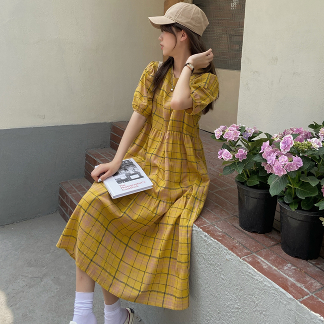 チェック柄ロングワンピース チェック ワンピース ワンピ ハイウエスト バブルスリーブ 半袖 ゆったり かわいい 人気 レディース 安い 韓国ファッション 6 Sinsakumall