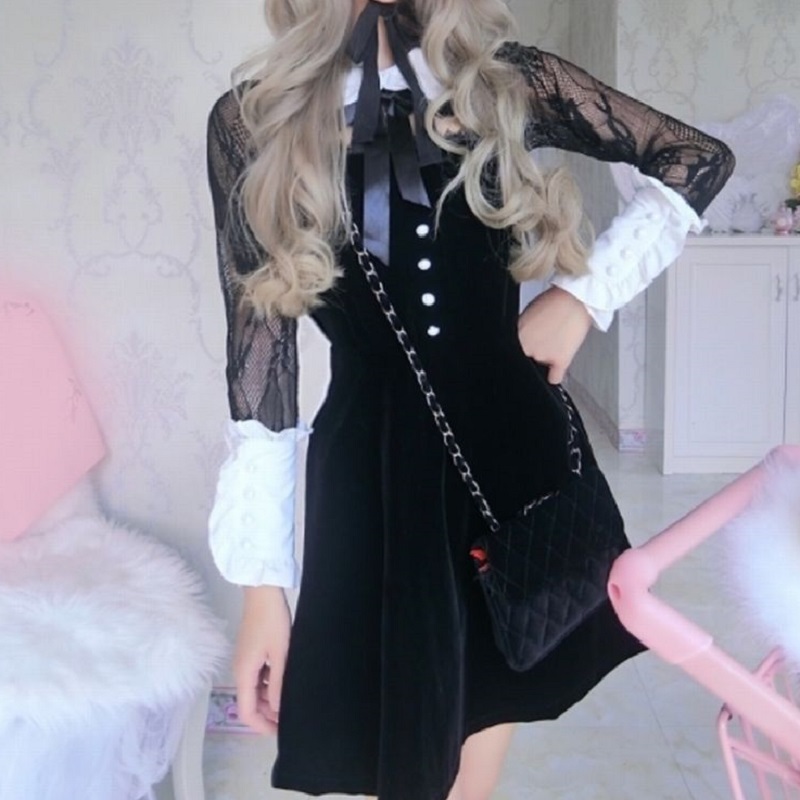 ゴシックドールワンピース ロリータ 胸元リボン ブラック 黒 Black M0024 Magicspice