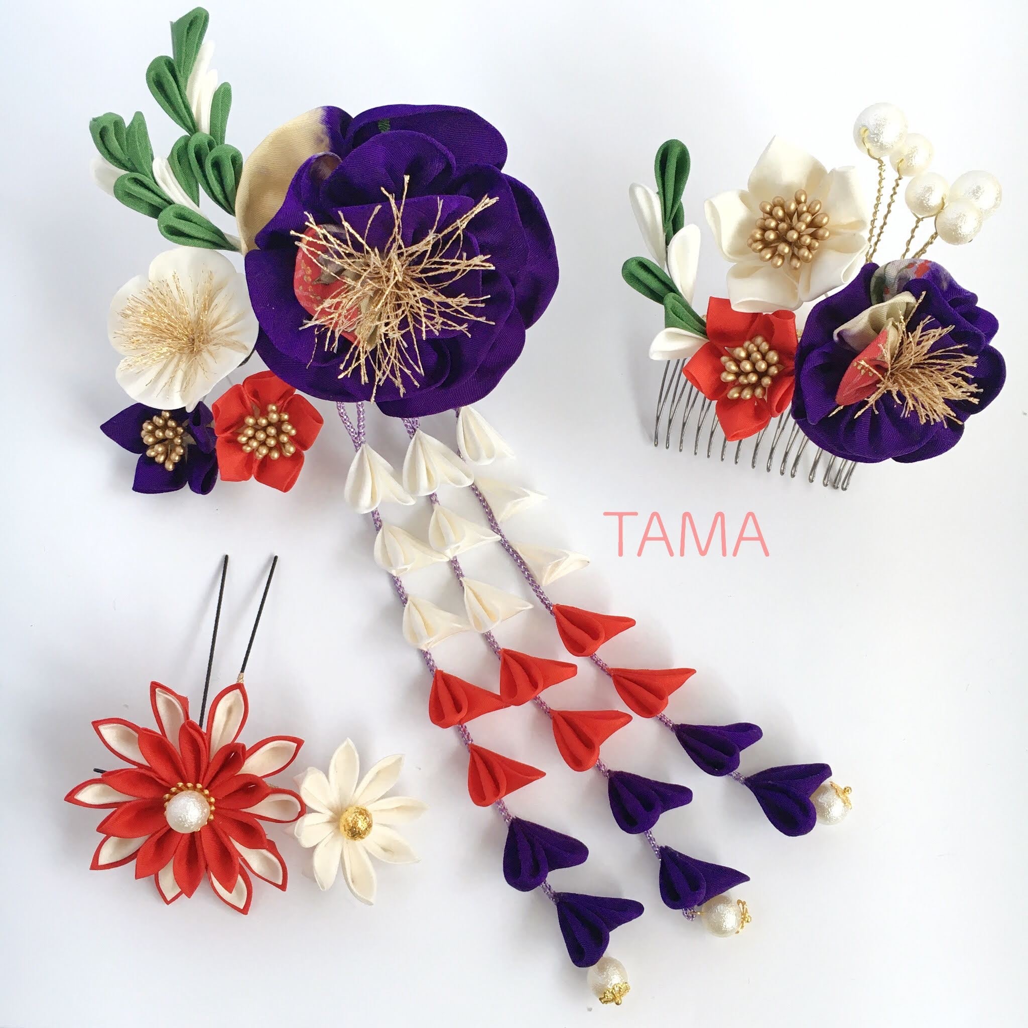 レトロかわいい 成人式のかんざしセット つまみ細工 紫 つまみ細工 たまゆう