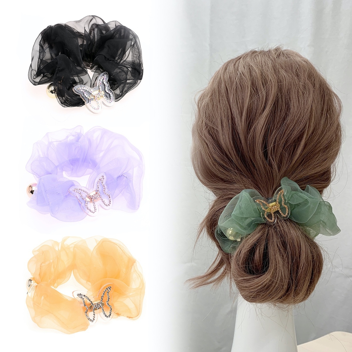 ヘアアクセサリー ヘアゴム シュシュ シンプル ポニー 韓国 簡単 ゴールドボール バタフライ 蝶 アレンジ かわいい おしゃれ 大人 シンプル 髪留め 大きめ クリアビジュー蝶々モチーフシュシュ セレクトショップオンリーユー